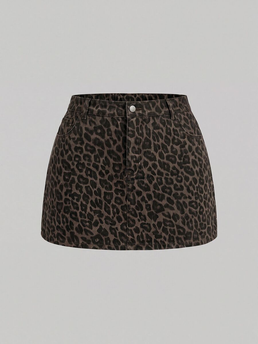 SHEIN MOD 大尺碼女款豹紋鈕扣休閒日常牛仔迷你裙 - 彩色 - 查看 1