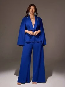 Viva Relle Plus Size Elegant Pocket Jacket And Loose Trousers Suit Set - Blue - View 4