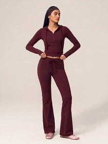 SHEIN BAE Women's Solid Color Drawstring Waist Casual Flare Leg Sports Pants - Burgundy - View 4