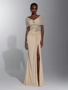 Elitara Elegant Luxury Beaded Chiffon Evening Gown With Off-Shoulder Corset Bodice And Twisted Ruched Slit Mermaid Skirt Design, Suitable For Weddings Or Formal Parties - Apricot - View 1