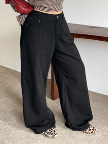 Dazy Plus Semi-Elastic Waist Solid Color Fashion Casual Straight Leg Long Plus Size Women's Jeans All Season - Black - View 6