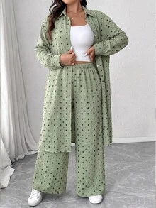 Elenzga Plus Size Pleated Textured Fabric Lapel Regular Long Sleeve Long Shirt And Loose Straight Leg Pants Casual Outing Commute 2 Pieces Set - Multicolor - View 4