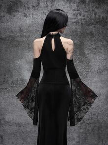 Cryptelle Women's Lace & Velvet Patchwork Batwing Sleeve Gothic Top, Autumn/Winter Black Witchy Halloween Outfit Costume - Black - View 2