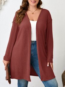 Comfylo Plus Size Plain Color Ribbed Knit Cardigan For Spring And Autumn Winter Clothes,Fall Women Clothes,Fall Clothes For Women Office Airport Navy - Rusty Rose - View 2