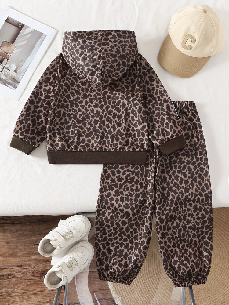 Boys' Fashion Leopard Print & Striped Jacket With Long Pants, Suitable For Daily Casual, Street, Campus And Various Occasions, Autumn/Winter Outerwear Set, Boys' Outfit - Brown - View 2