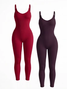 Velisys Velisys 2件組女款運動連身褲，露背肩帶羅紋無縫連身褲，提臀健身瑜珈運動長褲 - 彩色 - 查看 2