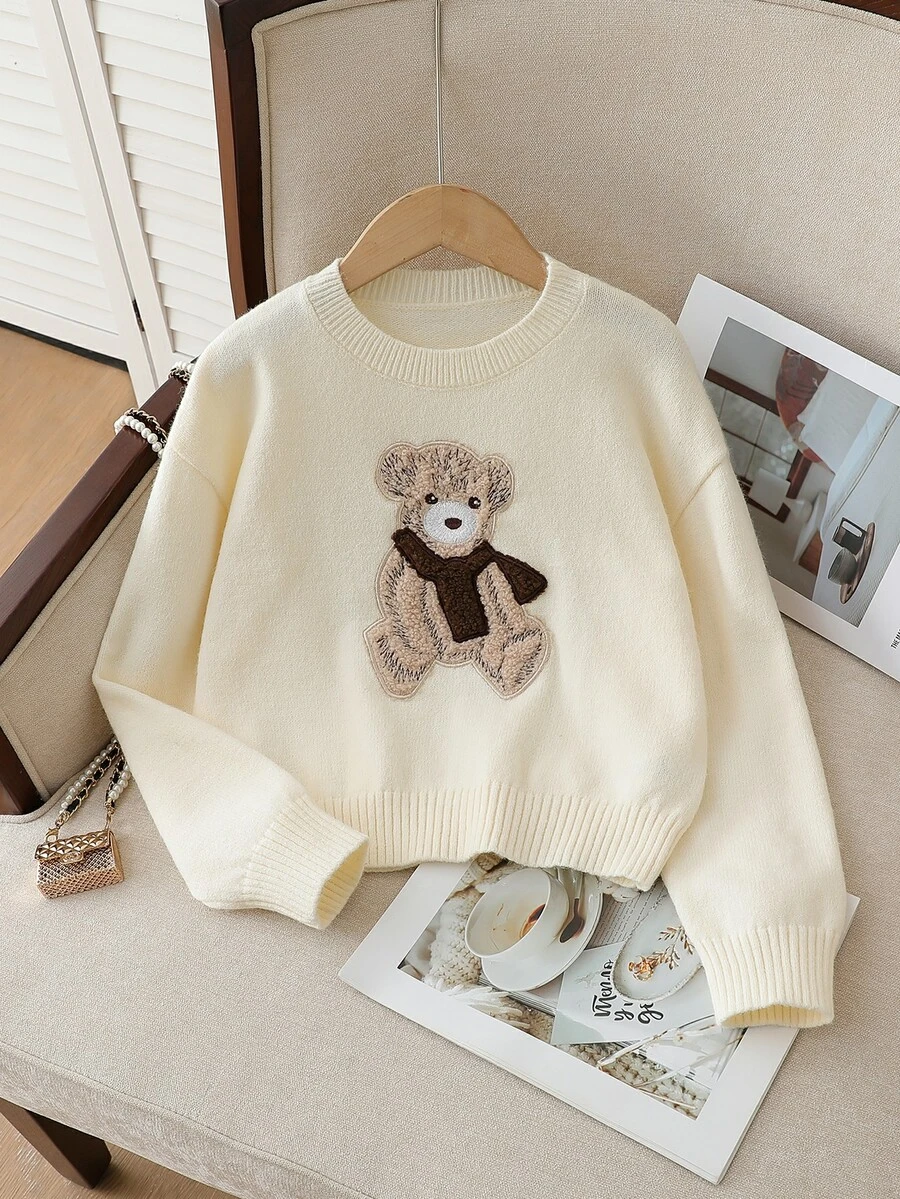 Tween Girl Applique Embroidered Fashion Long Sleeve Sweater Winter - Beige - View 1