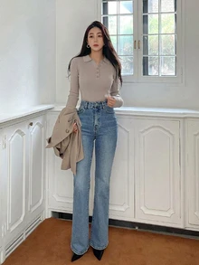 DAZY 女款純色前扣長袖休閒襯衫，適合夏季與秋季 - 灰色 - 查看 3