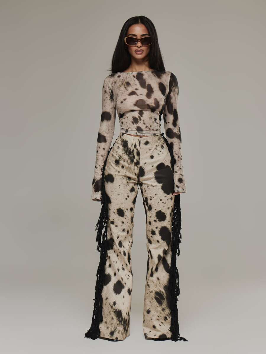 MUSERA Cow Print Denim Fringe Low Rise Flare Pants Autumn Winter Fall Camo Everyday Date Night Going Out - Multicolor - View 1