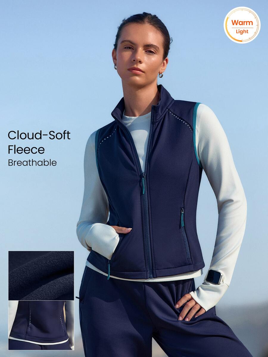 GLOWMODE Running Collection Winter Energy Fleece-Lined Winter Running Vest With Curved Side Panels, Zip Pockets & Reflective Details Outdoor Fall Winter Wear - Ink Blue - View 1
