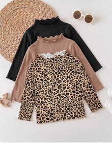 SHEIN 3件組女嬰純色與豹紋長袖休閒上衣 - 彩色 - 查看 3