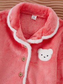 秋冬雙面法蘭絨加厚女童兩件套，柔粉色毛絨面料搭配白色對比條紋飾邊，柔軟舒適休閒簡約翻領開襟外套與長褲家居服 - 粉色 - 查看 5