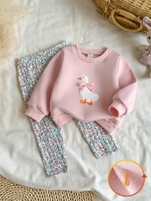 SHEIN Vintaside Kids 可愛鴨子刺繡圓領長袖衛衣與碎花長褲套裝，適合女嬰，完美適用於日常外出、公園散步、家庭旅行、早教中心課程、週末家庭聚會及幼兒園日常穿著 - 粉色 - 查看 1