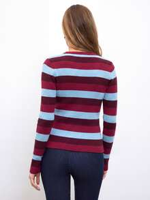 Nöista Women's Striped Crew Neck Button Design Casual Sweater - Baby Blue - View 5
