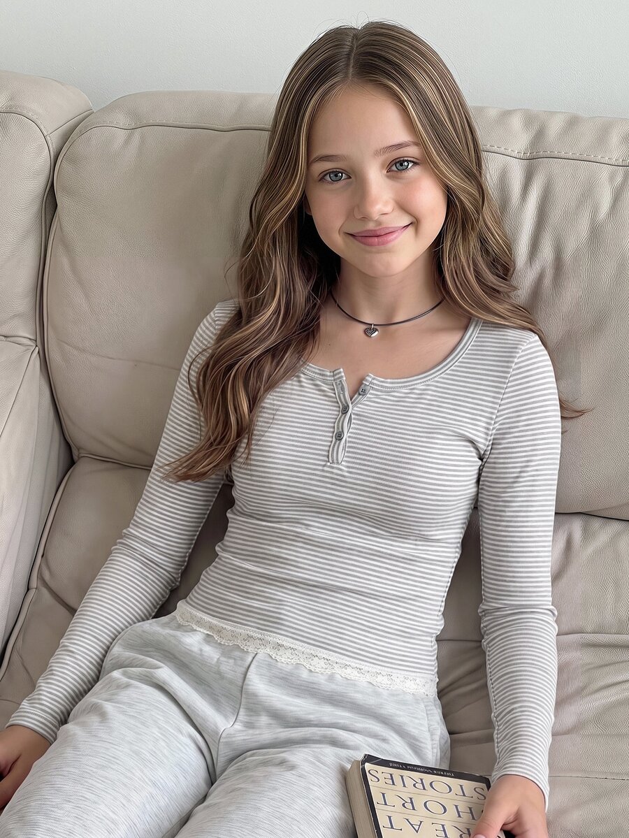 SHEIN Tween Girl Tween Girl Knit Pink Striped Oversized Scoop Neck Long Sleeve Casual T-Shirt - Multicolor - View 1