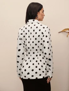 BELROSIE Autumn Black Polka Dot Lapel Elegant Romantic Long Sleeve Blazer - White - View 3