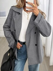 Easowa 女款格紋休閒優雅百搭日常通勤旅行風衣外套 深褐色 秋冬 - 黑與白 - 查看 6