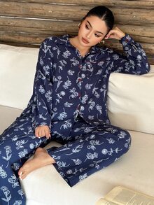 Dazy Plus Floral Line Drawing Pattern All-Over Print Textured Crepe Fabric Contrast Button Decor Pajama Set - Navy Blue - View 5