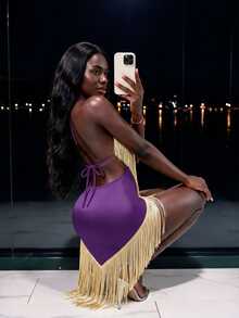 Mistrie Sexy Black & Gold Tassel Halter Neck Deep V Backless Cinched Waist Bodycon Bodycon Cocktail Party Dress - Purple - View 2