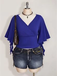 SHEIN ICON 女款大尺碼黑色夏季哥德風性感夜店約會派對夜店 T-shirt，復古優雅 V 領荷葉袖修身 Y2K 風格 - 寶藍色 - 查看 3