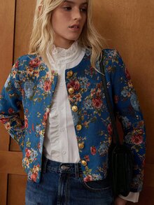 Écloséra French Vintage Palace Rose Jacquard Short Jacket - Royal Blue - View 6