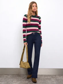 Nöista Women's Street Striped Colorblock Long Sleeve Sweater Holiday - Burgundy - View 4
