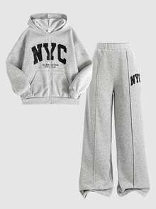 SHEIN 青少年女孩字母印花拉鍊連帽外套與運動長褲休閒套裝 - 淺灰色 - 查看 4