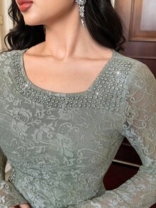 Feyla New Design Asymmetrical Collar High-End Exquisite Rhinestone Embellished Waist-Cinching Slimming Elegant Lace Party Dress - Gray green - View 1