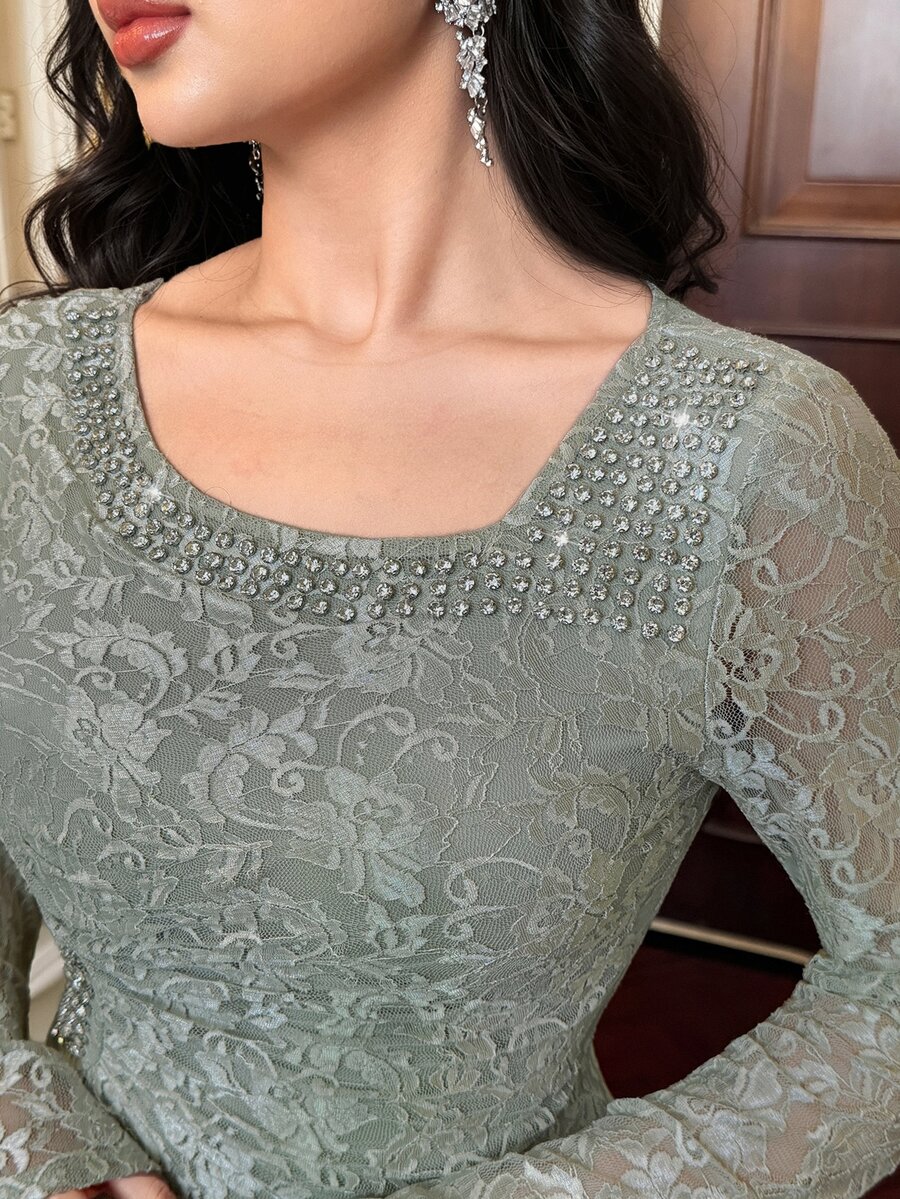 Feyla New Design Asymmetrical Collar High-End Exquisite Rhinestone Embellished Waist-Cinching Slimming Elegant Lace Party Dress - Gray green - View 1