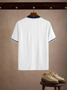 Manfinity Homme 男士時尚休閒通勤短袖 Polo 衫，男士針織提花上衣，男士圖案短袖 Polo 衫，復古風格，老錢風，適合日常休閒、週末旅行，可作為男友/丈夫禮物，派對、夏季度假、海灘穿著、夏威夷婚禮及春夏穿著 - 白色 - 查看 2
