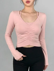DAZY Women's Solid Color Pleated Casual Daily Travel Sports T-Shirt - Pink - View 9