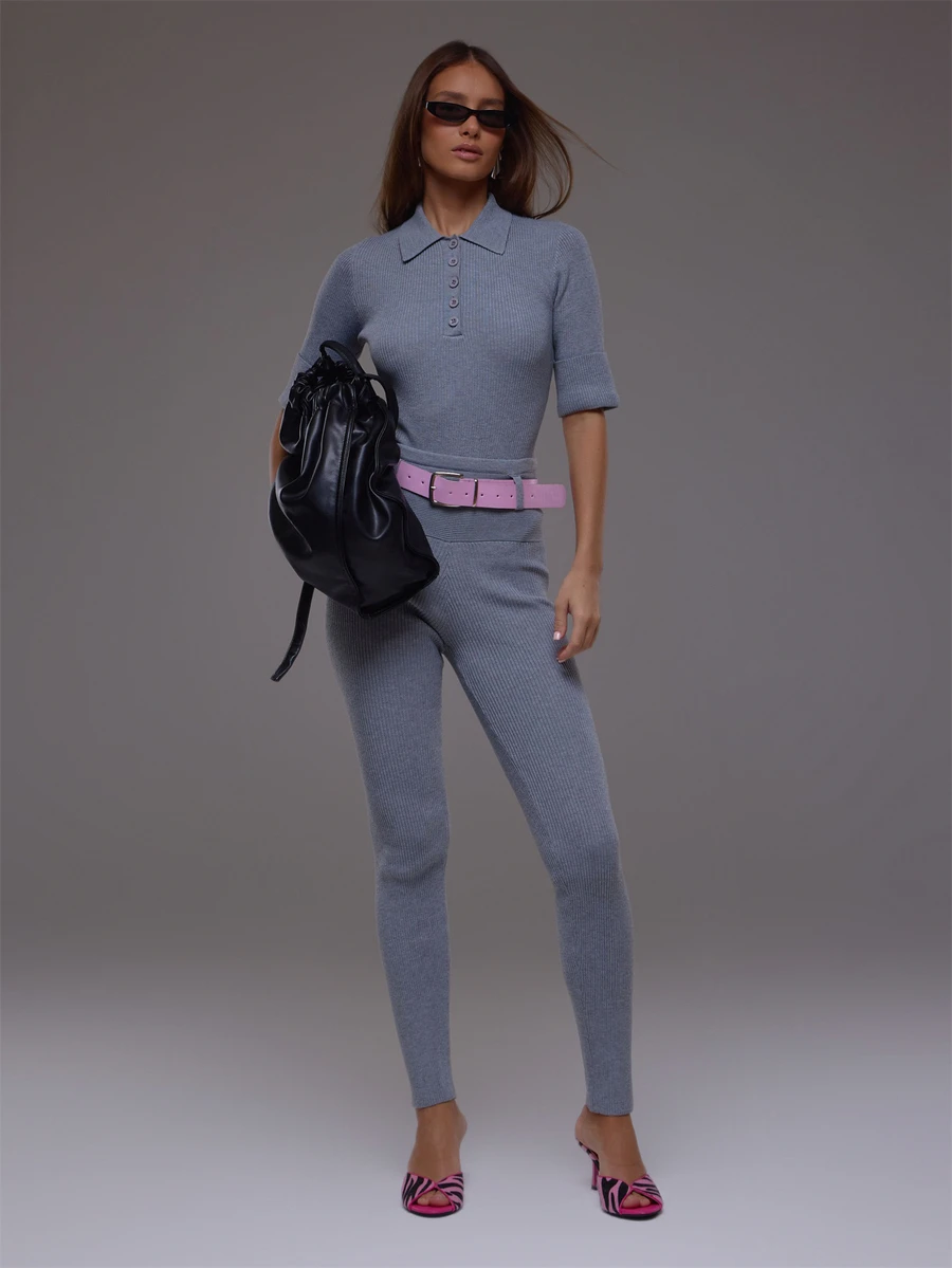 MUSERA Grey Knit Leggings With Pink Belt Detail Autumn Fall Winter Cute Everyday Office Corporate Romance - Grey - View 1