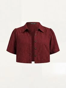 SHEIN Clasi 大尺碼夏季休閒短袖襯衫與細肩帶洋裝兩件套 - 酒紅色 - 查看 3