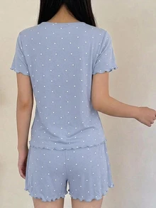 Livesso 2件組波點圖案短袖短版開襟衫與短褲睡衣套裝，夏季女款居家睡衣 - 藍色 - 查看 2