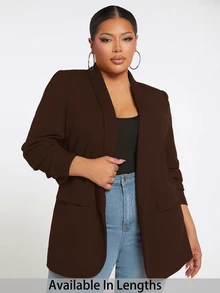 SHEIN Tall CURVE 大尺碼女款黑色夏季休閒修身商務度假風優雅曲線正式披肩領西裝外套辦公工作上衣 - 咖啡棕 - 查看 1