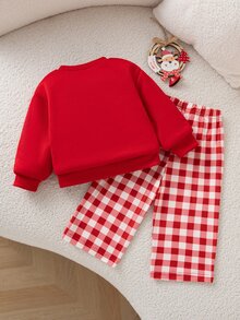 SHEIN 2件組幼女運動衫長褲套裝，可愛甜美紅白色馴鹿蝴蝶結格紋，長袖圓領加厚毛絨，冬季節日派對公主風亮麗款 - 紅色 - 查看 2