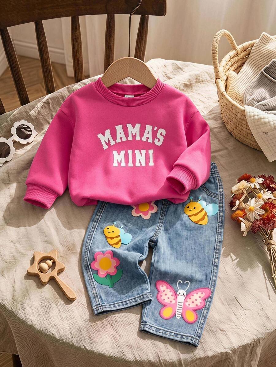 SHEIN Baby Girl Letter Graphic Pullover Sweatshirt & Cartoon Bee Butterfly Print Jeans Set - Multicolor - View 1
