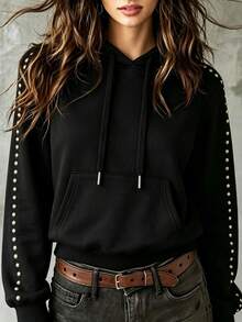 INAWLY Solva Áo nỉ hoodie nữ mặc thường ngày phong cách casual trang trí đính đá - màu đen - Xem 3