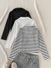 SHEIN 青少年女孩 3件組休閒條紋黑白羅紋針織 Polo 領長袖 T-shirt 上衣 秋季款 - 彩色 - 查看 3