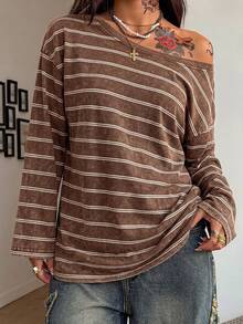 Coolane 女款寬鬆休閒棕色雪花條紋不對稱肩 T-shirt，適合春秋穿著 - 彩色 - 查看 8