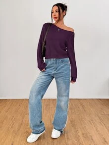 SHEIN PETITE 白色女款長袖套頭毛衣，可披肩穿著，適合秋冬，適合嬌小女性 - 紫色 - 查看 5