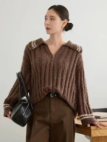 Dazy-Less Women's Autumn/Winter Coffee Brown Round Neck Long Sleeve Cable Knit Slim Fit Ribbed Casual Sweater - Coffee Brown - View 5