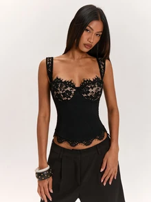SHEIN BAE Women's Sexy Lace Patchwork Sea Blue Camisole Top - Black - View 3