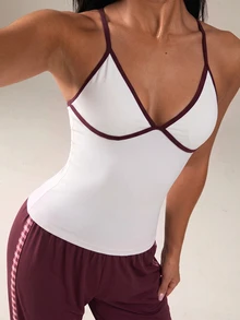 SHEIN BAE ملابس علوية رياضي نسائي متعدد الاستخدامات مخطط بألوان متباينة بدون أكمام - أبيض - مشاهدة 1