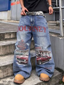 STEELVANCE 男士復古水洗寬腿牛仔褲，美式復古經典汽車汽車旅館印花寬鬆直筒丹寧街頭長褲 - 藍色 - 查看 3