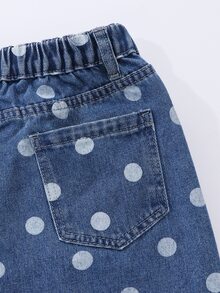 SHEIN 女童波點牛仔中長裙，復古休閒風，白色配黑色波點印花，斜腰帶設計，柔軟細緻棉質牛仔布，百搭T恤，適合返校、通勤、旅行、日常穿著 - 中等水洗藍 - 查看 6