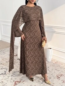 Veilorie فستان نسائي أنيق من الجاكار بتصميم عربي لحفلات المساء - بني - مشاهدة 4