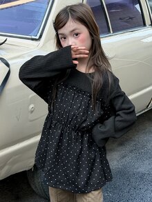 Dazy Kids Girls' Black Patchwork Polka Dot Top, Autumn T-Shirt With Ruffle Waist, Elastic New Style - Black - View 7