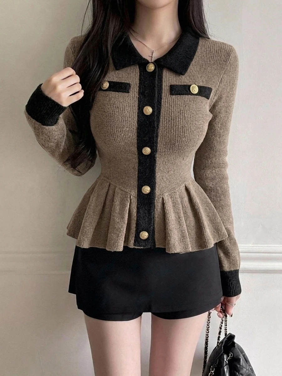 Joudiya Autumn/Winter Women's Casual Sweet Wedding T-Shirt With Ruffle Hem, Color Block Patchwork, Brown, Metal Buckle, Long Sleeve - Brown - View 1