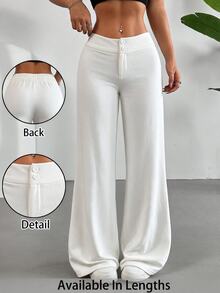 SHEIN Tall CURVE 大尺碼女款純色鈕扣設計寬腿鬆身長褲，休閒通勤褲，舒適秋季款 - 白色 - 查看 8